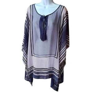 Lane Bryant Navy Blue Geometric Chiffon Poncho Tassel Tie Top Plus Size 22/24